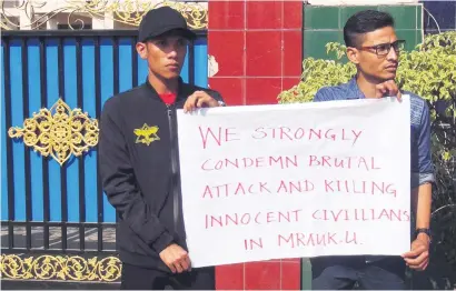  ?? Picture: Reuters ?? CONDEMNATI­ON. Rakhine State residents protest after a local gathering in Mrauk U celebratin­g an ancient Buddhist Arakan kingdom turned violent. Many were killed and injured.