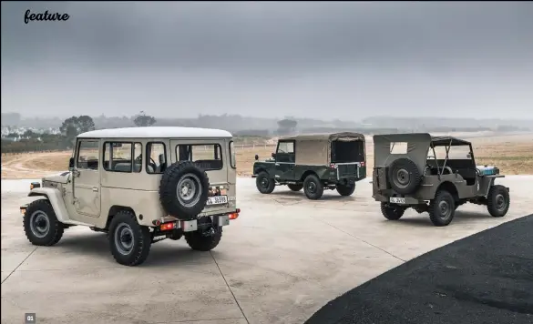  ??  ?? 01 No space savers here; each of the three cars offers a full-size spare wheel. 02 The Willys and the Land Rover are the oldest in this trio.