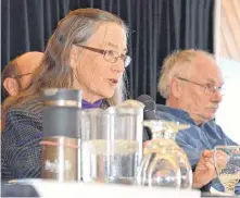  ??  ?? Dr. Niki Clark, an anthropolo­gist, botanist, and archeologi­st, is also an organic farmer and spoke to a large crowd at the Climate Action Summit Nov. 9 at Cornwallis Park.