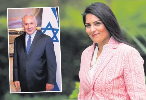  ??  ?? Priti serious: Patel was forced to resign over undisclose­d meetings with Israeli officials including (inset) Prime Minister Benjamin Netanyahu