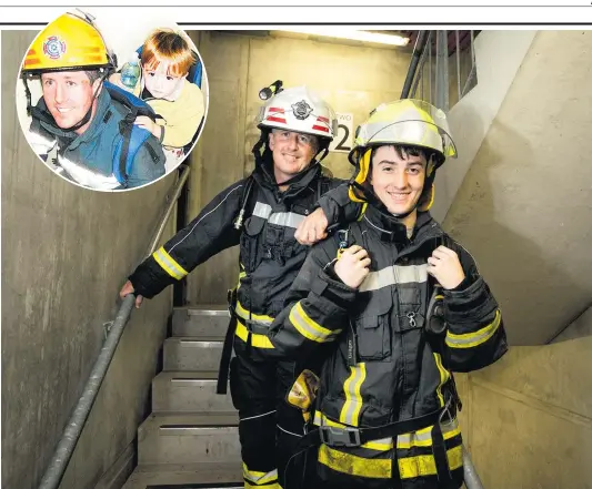  ??  ?? Family pride will be on the line when Tony Scott and 16-year-old son, Harry, charge up the Sky Tower today. Inset, Tony carrying Harry in the challenge as a 2-year-old.