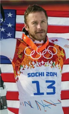  ?? SALT LAKE TRIBUNE FILE; LEFT, AP FILE ?? LOOKING FORWARD: Bode Miller poses after competing in the Men’s Super-G at Rosa Khutor Alpine Center during the 2014 Sochi Olympics. At left, Miller makes a jump during men’s downhill combined training at the 2014 Games in Krasnaya Polyana, Russia.