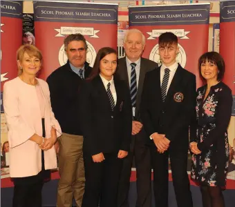  ??  ?? Student Council head- boy and girl Éabha Dwyer and Jake Fleming, with Maria Hanrahan (deputy principal), Pat Brosnan, Denis Kerins (Principal) and Niamh Dwyer at the Scoil Phobail Sliabh Luachra Rathmore Annual School Awards Ceremony on Friday. Picture: Eamonn Keogh