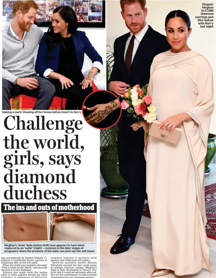  ?? ?? Meghan’s ‘innie’ belly button (left) now appears to have been replaced by an ‘outie’ (right) – common in the later stages of pregnancy when the pressure of the baby can push out the soft tissue Elegant: Meghan in £7,000 diamond earrings and Dior kaftan with Harry last night