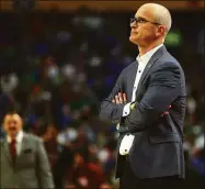  ?? Elsa / Getty Images ?? UConn coach Dan Hurley looks on against New Mexico State during the first half in the first round game of the NCAA Tournament on March 17 in Buffalo.