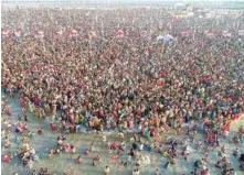  ??  ?? An aerial shot shows a sea of devotees gathered at Sangam to take a holy dip on the occasion of Basant Panchami festival during the Kumbh Mela 2019, in Prayagraj (Allahabad), on Sunday