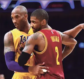  ?? Harry How / TNS ?? In this 2016 photo, Lakers guard Kobe Bryant and Cavaliers guard Kyrie Irving meet up during a game at Staples Center in Los Angeles.