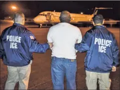  ??  ?? More of this, please: Immigratio­n-enforcemen­t officers prepare a murder suspect and Dominican national for deportatio­n from New York.