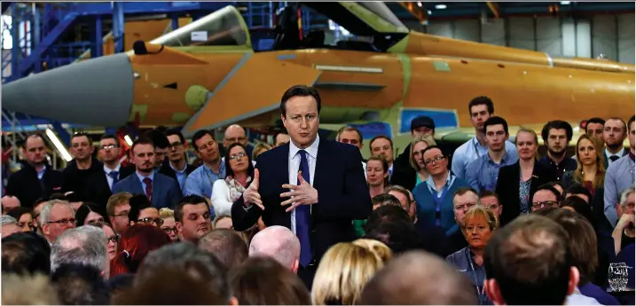  ??  ?? Warning: David Cameron told BAE Systems workers in Preston yesterday that Britain leaving the EU could jeopardise military deals with France