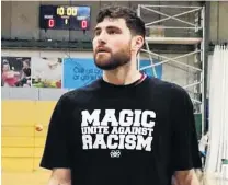  ?? PHOTO: FACEBOOK ?? Sending a message . . . Magic player Sam Timmins with the Tshirt the Magic Lions side wore last weekend in the warmup to the side’s semifinal at the Edgar Centre.