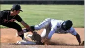  ?? ?? Murrieta Mesa’s C.J. Moran is safe at third on a wild pitch as Murrieta Valley’s Jesiah Generoso makes a late tag.