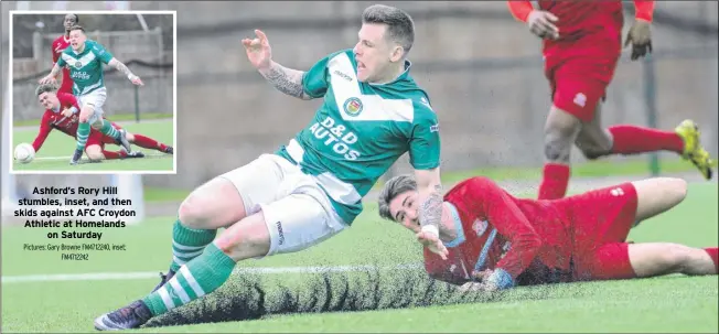  ?? Pictures: Gary Browne FM4712240, inset; FM4712242 ?? Ashford’s Rory Hill stumbles, inset, and then skids against AFC Croydon Athletic at Homelands on Saturday