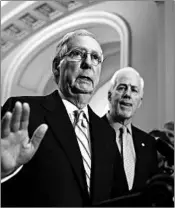  ?? J. SCOTT APPLEWHITE/AP ?? Senate Majority Leader Mitch McConnell speaks with reporters about Supreme Court nominee Brett Kavanaugh.