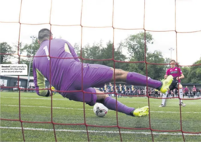  ??  ?? Denied Cooke’s penalty is saved by EK’s Alan Martin at the second attempt