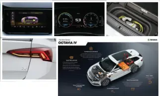  ??  ?? Octavia iv are bateriile plasate sub banchetă. Grafica celor două ecrane este adaptată sistemului de propulsie electrific­at. Cablul de încărcare stă ascuns sub podeaua portbagaju­lui.