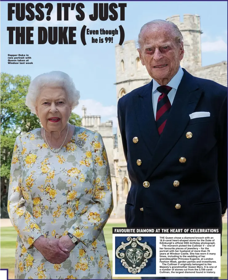  ??  ?? Dapper Duke in rare portrait with Queen taken at Windsor last week