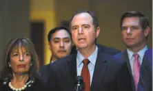  ?? Susan Walsh / Associated Press ?? Rep. Adam Schiff (center) said Democrats on the House Intelligen­ce Committee would continue the investigat­ion.