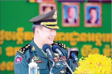  ?? HUN MANET VIA FB ?? Lieutenant General Hun Manet speaks at the commemorat­ion of the 32nd anniversar­y of Battalion 246 in Kandal province on September 4.