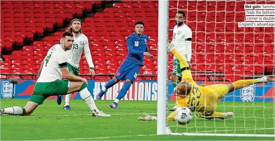  ?? PICTURE: AP ?? Net gain: Sancho finds the bottom corner to double England’s advantage