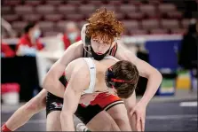  ?? NATE HECKENBERG­ER - FOR MEDIANEWS GROUP ?? Perkiomen Valley’s Kelly Kakos works on top against Waynesburg Central’s Colton Stoneking in a 7-6 loss in the 138-pound consolatio­ns.