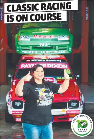  ?? Picture: SCOTT RADFORD- CHISHOLM ?? DRIVING FORCE: Bernadette Cooper with a red Holden LH Torana A9X and a green replica Dick Johnson Greens- Tuf Ford Falcon XE.