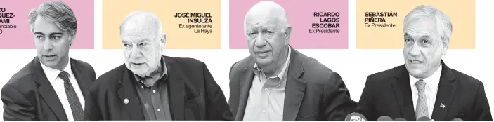  ??  ?? MARCO ENRÍQUEZOM­INAMI Presidenci­able del PRO JOSÉ MIGUEL INSULZA Ex agente ante La Haya RICARDO LAGOS ESCOBAR Ex Presidente SEBASTIÁN PIÑERA Ex Presidente