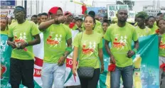  ??  ?? Olanrewaju Fasasi a.k.a Sound Sultan ( left); Stanley Chibunna a.k.a Funnybone; Ijeoma Opara, Brand Communicat­ions Manager, Power Oil; and Armstrong Egesi, Area Marketing Manager, Power Oil, during the Walkhearto­n 3.0 in Port Harcourt.