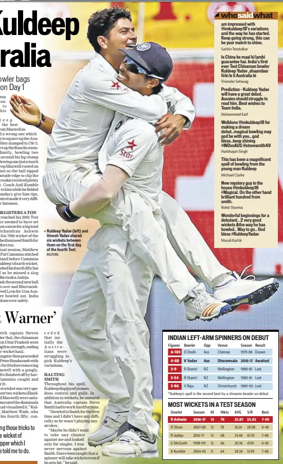  ?? REUTERS ?? Kuldeep Yadav (left) and Umesh Yadav shared six wickets between them on the first day of the fourth Test.