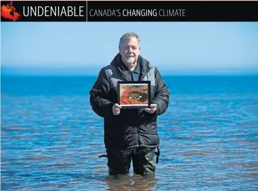  ?? ZANE WOODFORD STAR HALIFAX ?? Dan McAskill stands in the spot where his uncle’s trailer once sat, holding a photo of the land that is now underwater. Since McAskill’s family bought three oceanfront lots in P.E.I. in the ‘60s, more than an acre of land has been swept away.