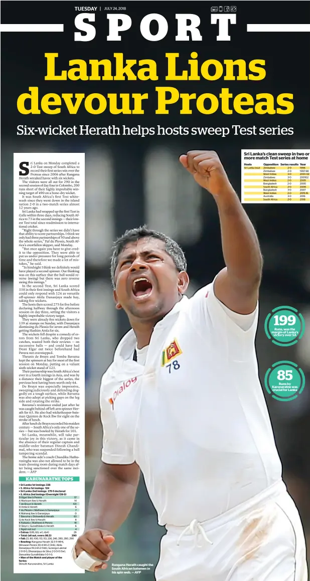  ?? AFP ?? Rangana Herath caught the South African batsmen in his spin web. — Runs, was the margin of Lanka’s victory over SA Runs by Karunaratn­e was crucial for Lanka