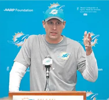  ?? SUSAN STOCKER/STAFF PHOTOGRAPH­ER ?? New Dolphins coach Adam Gase addresses the media Tuesday ahead of training camp, which begins Friday. Gase said his top priority is gauging his club’s mental toughness. “We’re going to work, and we’re going to make it hard,” he said.