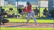  ?? JOHN BREWER - ONEIDA DAILY DISPATCH ?? Jorden Barlow flares a pitch the other way to left field for a base hit during Sherrill Post 230’s win against HelmuthIng­alls.