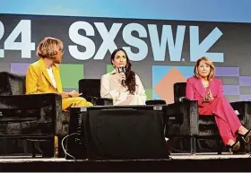  ?? Astrida Valigorsky/Getty Images ?? From left, Errin Haines; Meghan, Duchess of Sussex; and Katie Couric, speak on an SXSW panel on how women and mothers are portrayed in media.