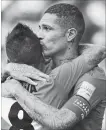  ?? STU FORSTER GETTY IMAGES ?? Peru’s Paolo Guerrero, right, celebrates his goal against Australia on Tuesday.