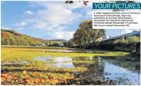  ??  ?? A water-logged autumnal scene in Honley by Sean Doyle of Brockholes. Sean has exhibition­s at Summer Wine Brewery (November 16); Holmfirth High School Christmas Market (November 17) and New Mill church market (November 30)