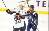  ?? Antti Aimo-Koivisto / Associated Press ?? Newtown’s Melissa Samoskevic­h, front, and Hayley Scamurra of USA celebrate the equalizing 2-2 goal during the 2019 IIHF Women's World Championsh­ips preliminar­y match between Finland and USA in Espoo, Finland on April 4.