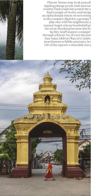  ??  ?? (Clockwise from top left) The Mekong River runs through Luang Prabang, Laos’ former royal capital; the gate to Wat Manorom, the town’s Buddhist temple and monastery; the French Colonial façade of The Belle Rive hotel near the centre of town