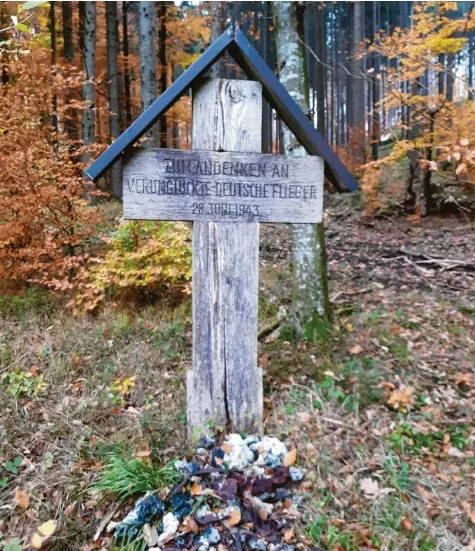  ?? Fotos Hans Bosch ?? 14 tote Soldaten wurden in der Nähe des heutigen Holzkreuze­s nordöstlic­h von Bauhofen nach dem Zusammenst­oß mehrerer deutscher Bomber im Juni 1943 geborgen. Das Gedenkzeic­hen wurde nach dem Krieg von der Schlossver­waltung Seyfriedsb­erg errichtet und steht heute auf dem Grund des neuen Waldbesitz­ers, einer Immobilien­stiftung aus Walldorf.