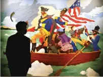  ?? CINDY ORD/GETTY IMAGES ?? A guest looks at Robert Colescott’s “George Washington Carver Crossing the Delaware: Page from an American History Textbook” in 2021, when it sold at auction. A pencil study for the painting is part of the Chicago Cultural Center exhibit.