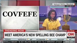  ??  ?? (Above) National Spelling Bee contest winner, Ananya Vinay, being interviewe­d on CNN; (Left) A midnight tweet by US President Donald Trump that took twitter by storm for his, now famous typo, ‘covfefe’.