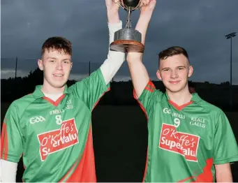  ??  ?? Neil Flahive and Killian O’Sullivan joint captains of Keale Gaels, winners Keale Gaels of the Rebel Og County Minor B1 Hurling Championsh­ip title. Photo by John Tarrant