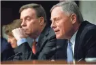  ?? JACQUELYN MARTIN/AP ?? Senate Intelligen­ce Committee Chairman Sen. Richard Burr, R-N.C., right, speaks next to Vice Chairman Sen. Mark Warner, D-Va., during a Senate Intelligen­ce Committee hearing Nov. 1 on Russian election activity.