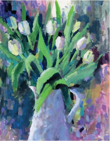  ??  ?? White Tulips, heavy body acrylics on mountboard , 20 314 in (51336 cm).
I find painting with heavy body acrylics incredibly therapeuti­c, using brushes, a palette knife and sometimes even my fingers or other implements. I work in layers that are applied in quick succession, so I find the fast drying time an advantage for my painting process