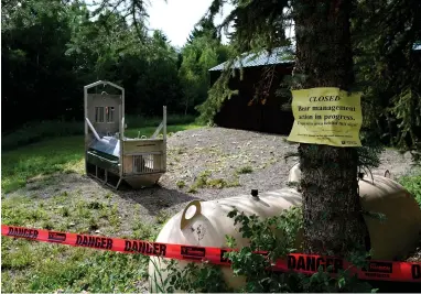  ?? PHOTO BY TOM BAUER/THE MISSOULIAN ?? A bear trap set by Montana Fish, Wildlife and Parks on Wednesday, July 7, 2021, in the camping area in Ovando, Mont., where bicycle tourist Leah Davis Lokan of Chico, Calif., was pulled out of her tent and killed by a grizzly bear on July 6, 2021. An investigat­ion found Lokan was the victim of a rare predatory attack by a food-conditione­d bear that was likely attracted to food in and near her tent and scents left behind from recent picnics.