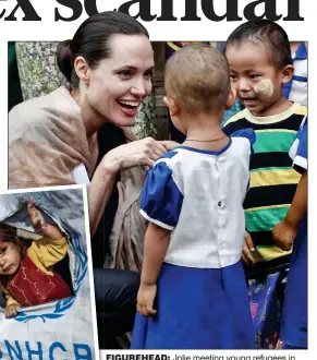  ??  ?? FIGUREHEAD: Jolie meeting young refugees in Myanmar. Left: A child at a UNHCR camp in Pakistan