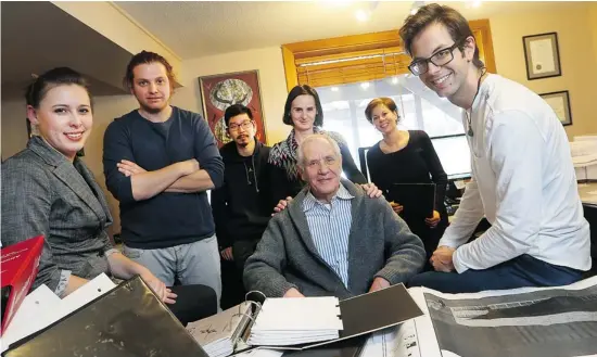  ?? Bruno Schlumberg­er/postmedia News ?? Architect Douglas Cardinal and Idoia Arana-Beobide are surrounded by his youthful staff Ashley Marcynuk, left, Marco Ianni, Kon Shin, Sue Barrett and Anthony Di Virgilio.