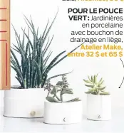  ??  ?? POUR LE POUCE
VERT : Jardinière­s en porcelaine avec bouchon de drainage en liège,
Atelier Make, entre 32 $ et 65 $