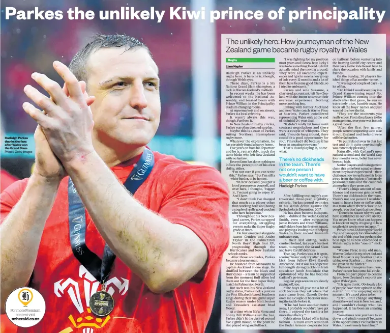  ?? Photo / Getty Images ?? Hadleigh Parkes thanks the fans after Wales won the Grand Slam.