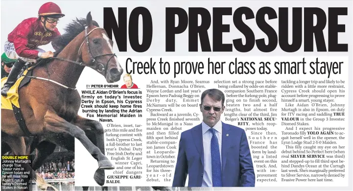  ??  ?? DOUBLE HOPE Johnny Murtagh’s charge True Valour runs in Epsom today and he will miss Yolo Again’s run in today’s Diomed Stakes in Navan