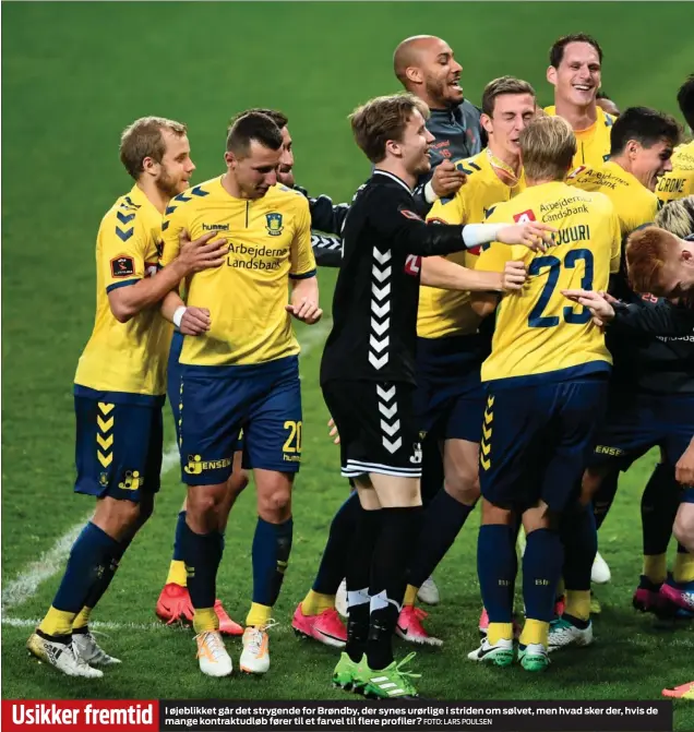  ?? FOTO: LARS POULSEN ?? Usikker fremtid I øjeblikket går det strygende for Brøndby, der synes urørlige i striden om sølvet, men hvad sker der, hvis de mange kontraktud­løb fører til et farvel til flere profiler?